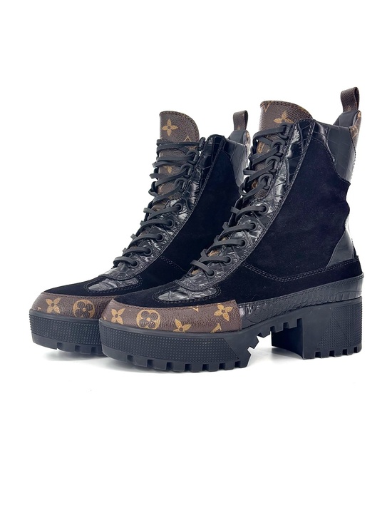 Louis Vuitton Shoes - Louis Vuitton Laureate Logo Monogram Croc Emboss Platform Ankle Boots 39
